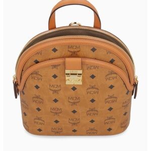 MCM Cognac Logo Backpack with Gold Accents